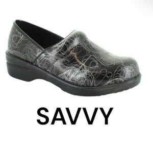 New authentic Savvy designer slip resistant black silver print clogs 7 display